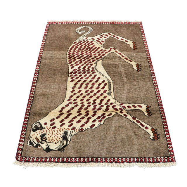 1950s Vintage Gabbeh Persian Rug, Cream and Brown With Leopard Pictorial - Rug & Kilim For Sale - Image 5 of 7