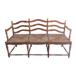 Vintage French Country Ladderback Rush Bench / Settee - Seats Three For Sale
