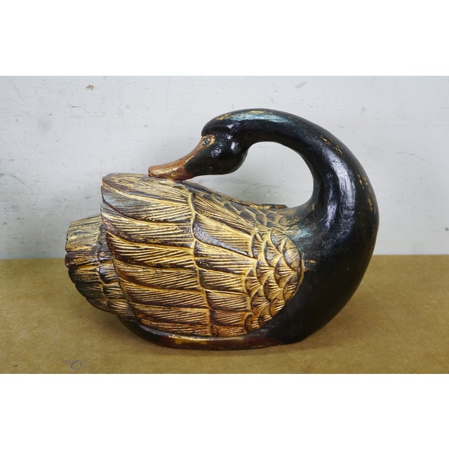 Mid 20th Century Pair Mid Century Chinese Lacquered Carved Hardwood Swan Sculptures Decoy 13" For Sale - Image 5 of 12