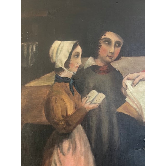 American primitive school painting of a teacher with his students The hand made wooden frame with gilt detail was made in...