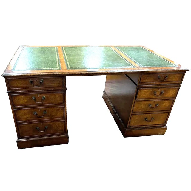 English 1950s Large 72 Inch English George II Style Burl Walnut Leather Top Partners Desk For Sale - Image 3 of 3