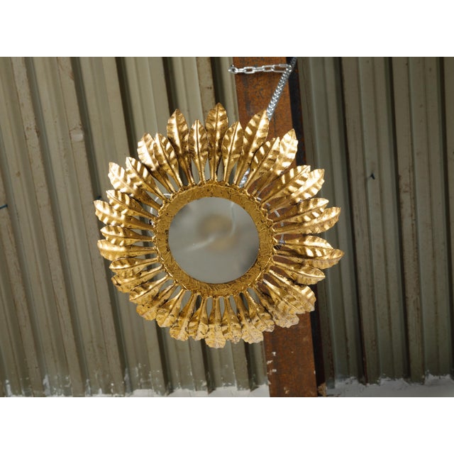 Mid-Century Modern Mid 20th Century Spanish Gilt Metal Crown Chandelier with Leaves and Frosted Glass For Sale - Image 3 of 8
