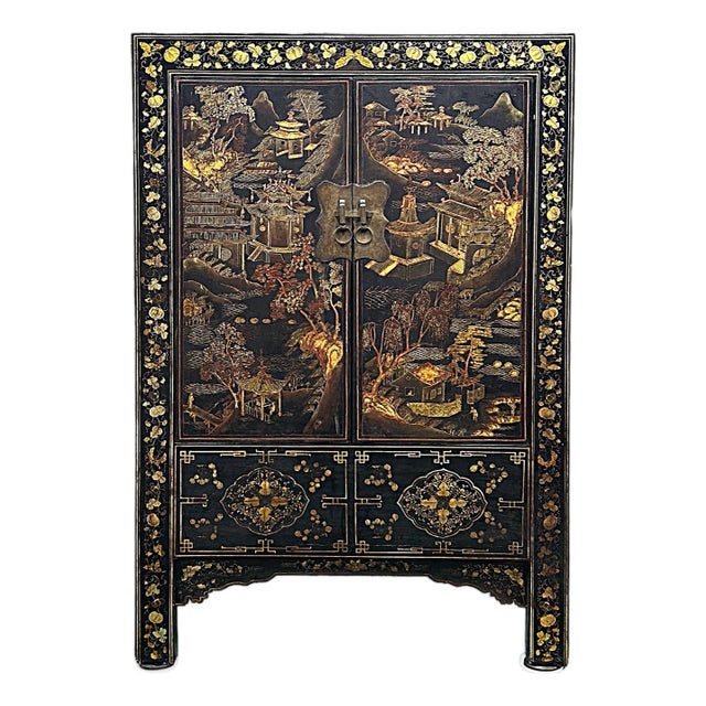 Vintage Chinese Black Golden Scenery Storage Armoire Wardrobe Cabinet For Sale