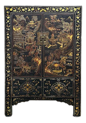 Vintage Chinese Black Golden Scenery Storage Armoire Wardrobe Cabinet