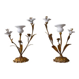 Early 20th Century Italian Tole Porcelain and Wrought Iron Candelabras For Sale
