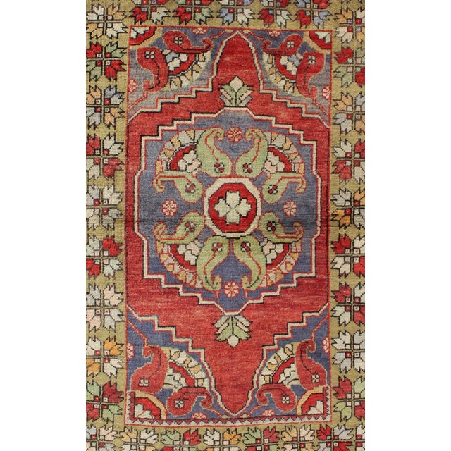 Tribal Vintage Turkish Oushak Rug in Red, Blue, and Green With Decorative Medallion For Sale - Image 3 of 7