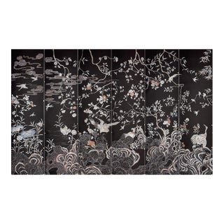 Chinoiserie Black Hand-Painted Wallpaper, Floral & Bird Mural Wall Panels, Set of 6 For Sale