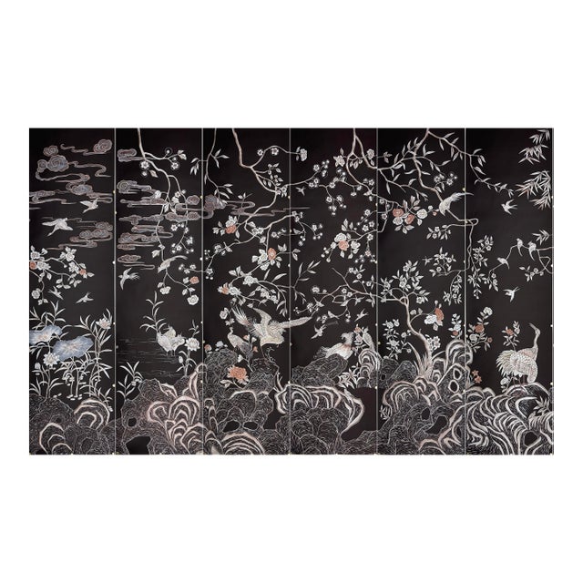 Chinoiserie Black Hand-Painted Wallpaper, Floral & Bird Mural Wall Panels, Set of 6 For Sale
