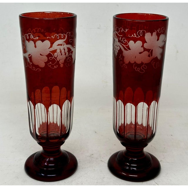 Traditional Antique Bohemian Czechoslovakia Ruby Cranberry Glass Pair Goblets Vases Egermann For Sale - Image 3 of 7