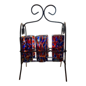 Mexican Pewter Stand With Hand Blown Shot Glasses- 7 Pieces