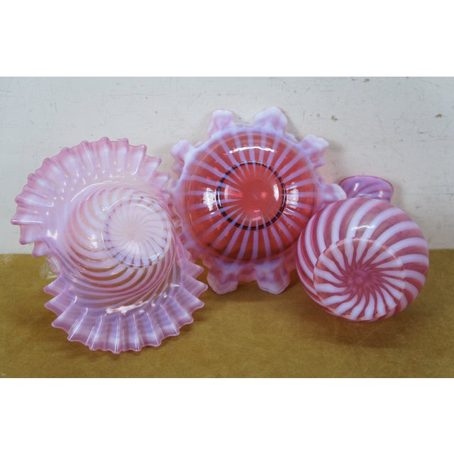 Late 20th Century 3 Fenton Cranberry Glass Opalescent Ruffled Clambroth Vase Basket Bowl Compote For Sale - Image 12 of 16