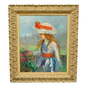 Mid 20th Century Zaza Meuli (B. 1892) Oil on Canvas Impressionist Painting Girl in Hat Orange Bow