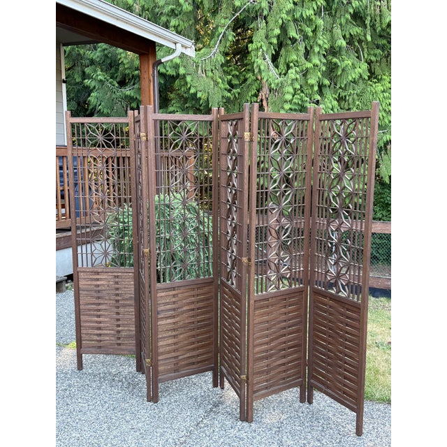 Asian Vintage Japanese Mid-Century Modern Teak Shoji Six-Panel Folding Room Divider | Kumiko | 1960 For Sale - Image 3 of 12
