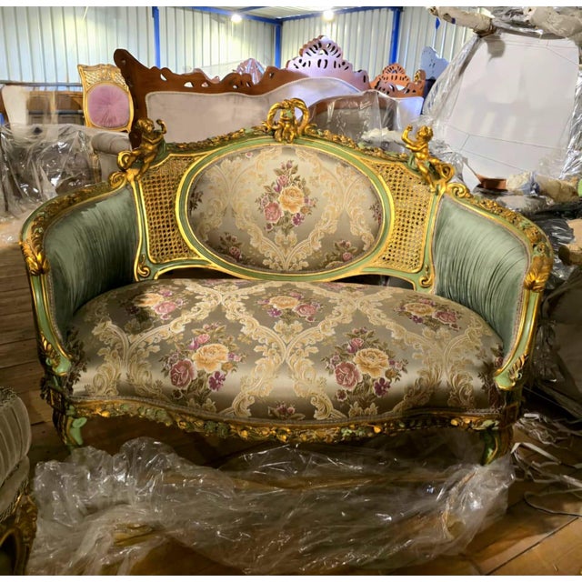 2020s French Louis XV Romantic Loveseat With Floral Damask Upholstery, Sage Green Velvet Panels, Cherubs & Hand-Gilded Gold Leaf Frame For Sale - Image 5 of 5