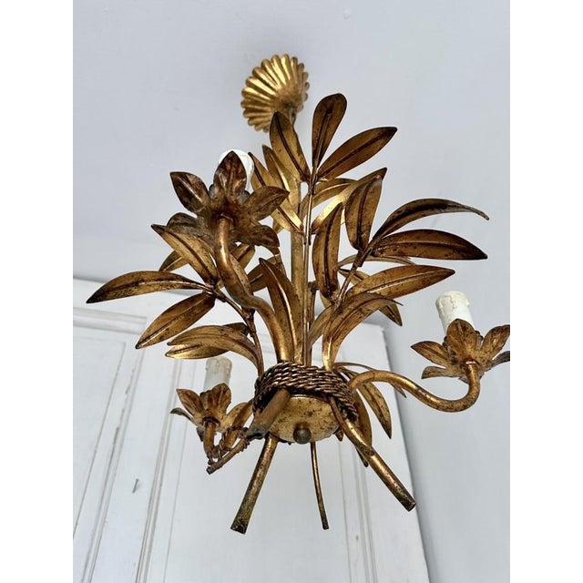 French Gilt Palm Leaf Chandelier, 1950 For Sale - Image 4 of 15