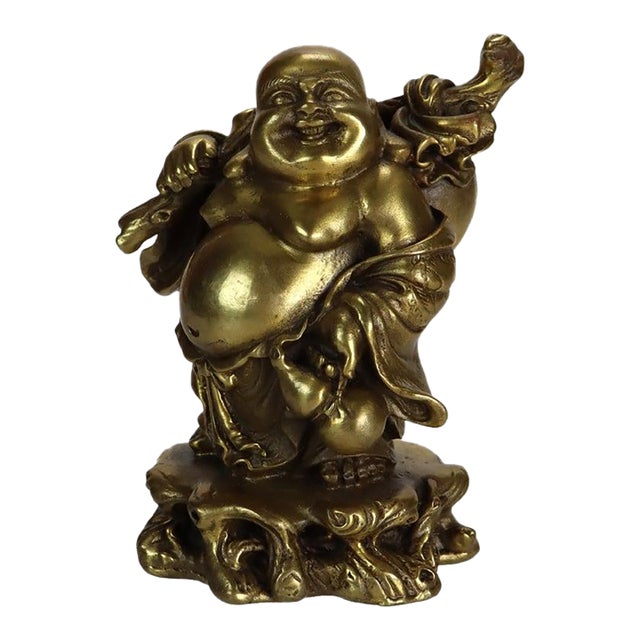 Cast Brass Laughing or Travelling Buddha Figurine C1900 For Sale