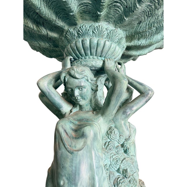 Monumental Classical Tiered Fountain With Shell Basins – Verdigris Patina – 11 Ft Tall For Sale - Image 4 of 10