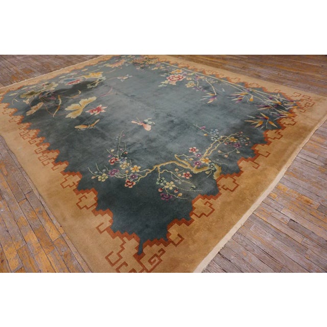 Art Deco 1920s Green Floral Modernist Chinese Art Deco Carpet 8'10" X 11'5" Knotted Wool Rug For Sale - Image 3 of 13