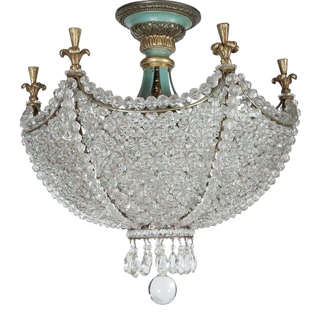 1960s Neoclassical Crystal Beaded "Swag" Flush Mount Fixture For Sale