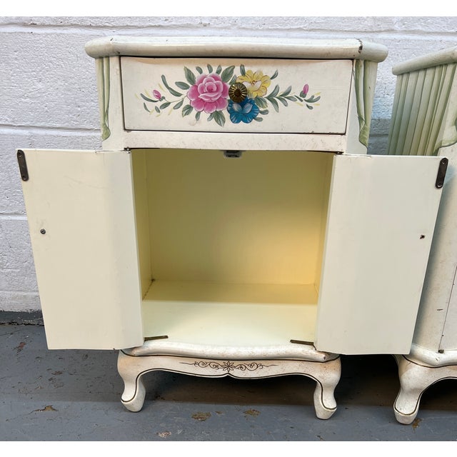 Mid 20th Century Pair of French Provincial Hand-Painted Floral Night Stands For Sale - Image 12 of 16