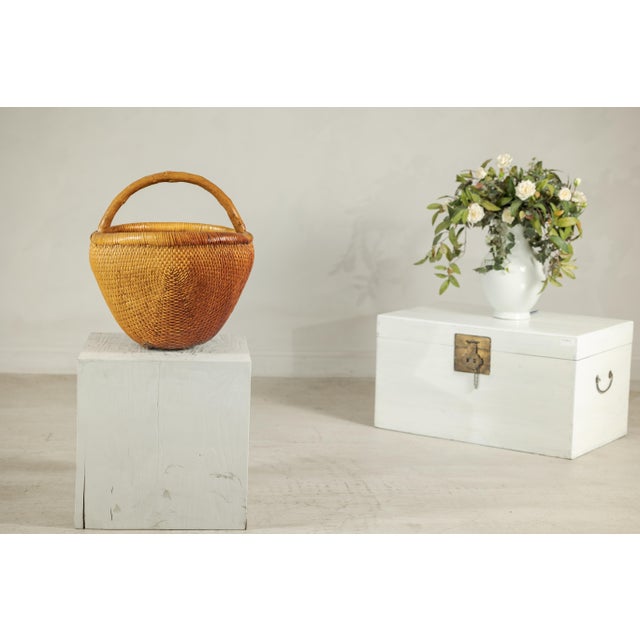 Vintage Chinese Handwoven Rattan Carrying Basket with Arched Handle For Sale - Image 16 of 18