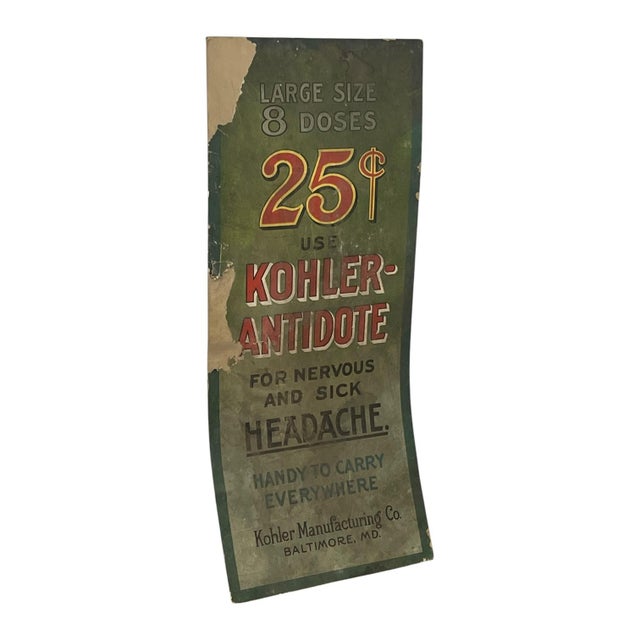 Vintage advertising sign for Kohler Antidote, manufactured by Kohler Manufacturing Co. of Baltimore, Maryland. The printed...
