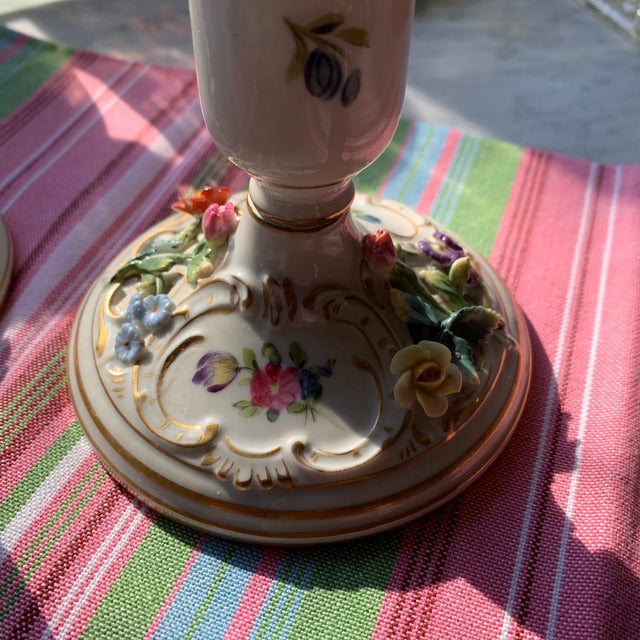 Antique Dresden Porcelain Floral Candlestick Holders a Pair For Sale In Palm Springs - Image 6 of 12