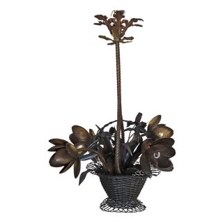 Flower Basket Chandelier in Brass and Copper, France, 1920s For Sale