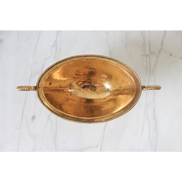 Vintage Oval Brass Pedestal Bowl W/ Ornate Handles For Sale - Image 9 of 12