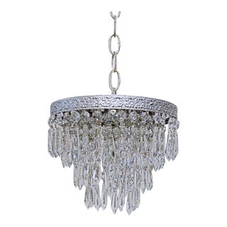 Vintage Crystal Upside Down Waterfall Chandelier With Ornate Silver-Tone Rim For Sale
