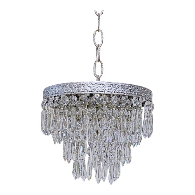 Vintage Crystal Upside Down Waterfall Chandelier With Ornate Silver-Tone Rim For Sale