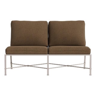 Brown Jordan Venetian Armless Loveseat, Dove frame with Fusion Moccasian fabric For Sale
