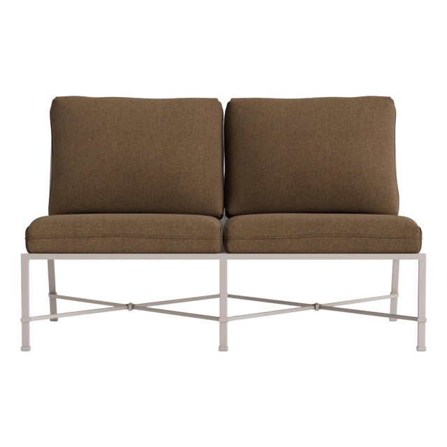 Brown Jordan Venetian Armless Loveseat, Dove frame with Fusion Moccasian fabric For Sale