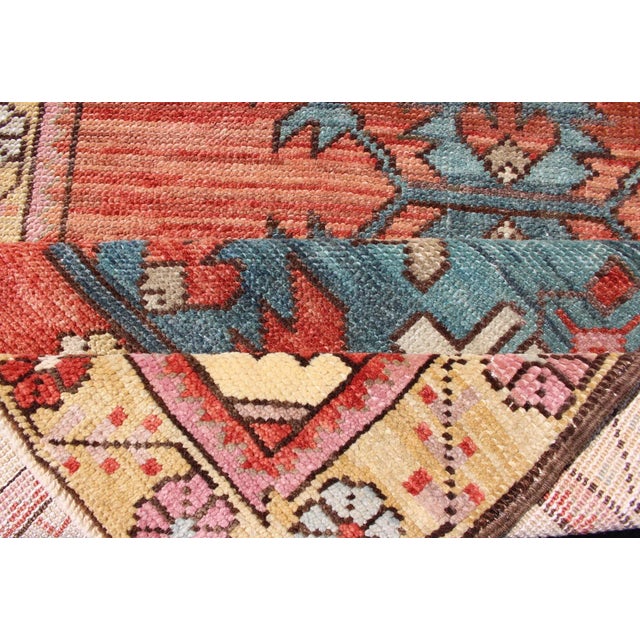 Blue Colorful Antique Oushak Runner With Medallion Design in Terracotta, Yellow & Teal Blue For Sale - Image 8 of 9