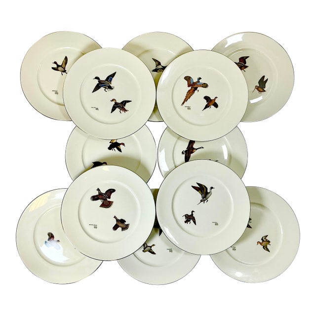 1950s Vintage Americana Adirondack Arts & Crafts Fowl Game Birds Dinner Plates - Set of 12, Lynn Bogue Hunt For Sale