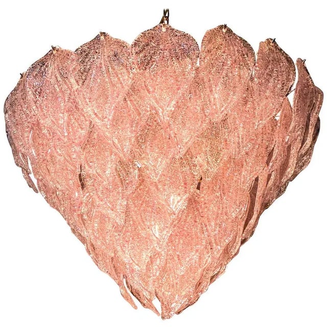 Murano polar pink chandelier, each with 88 precious hand blown glass leaves hanging on the brass frame. Spectacular light...