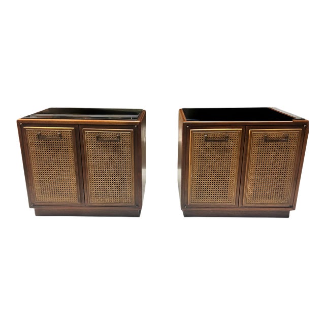 1960s Mid Century Caned Front Nightstands, A Pair For Sale