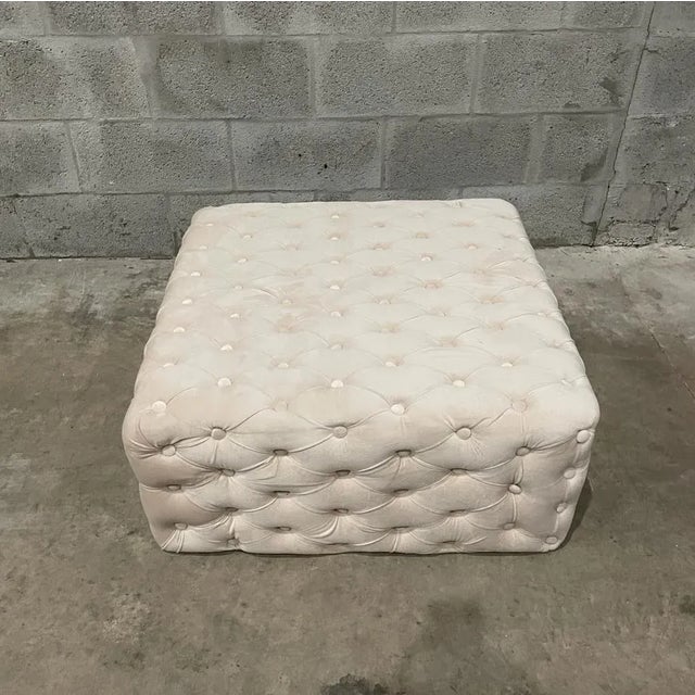 White Velvet Tufted Chesterfield Stool With Crystal Buttons For Sale - Image 12 of 12