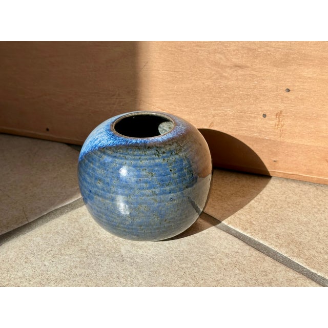 Studio Ceramic Spherical Vase with Blue Flowing Glaze, Germany, 1970s For Sale - Image 12 of 15