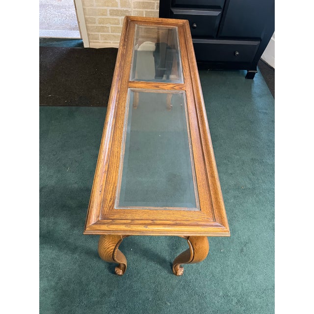 Pennsylvania House 1970s Pennsylvania House Queen Anne Oak Glass Coffee Table Carved Vintage For Sale - Image 4 of 8