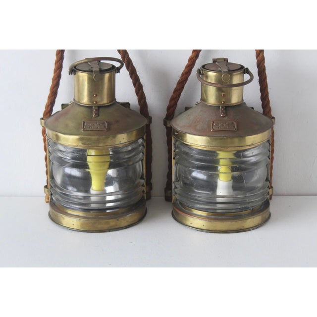 1940s Vintage British Brass Glass Rope Marine Masthead Light Lantern Lamps-a Pair For Sale - Image 5 of 17