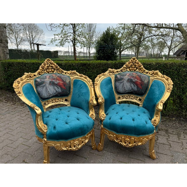 1900s French Louis XVI Blue/Green Velvet Beech Sofa Set 5pc For Sale - Image 9 of 18