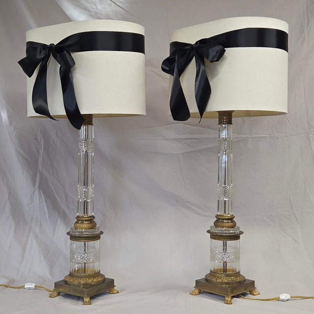 Vintage Crystal and Brass Column Table Lamps - Style of William Kessler Baccarat For Sale - Image 14 of 17