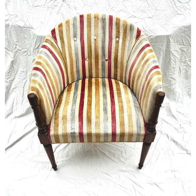 1960s Vintage Velvet Striped Barrel-Back Accent Chair For Sale - Image 5 of 12