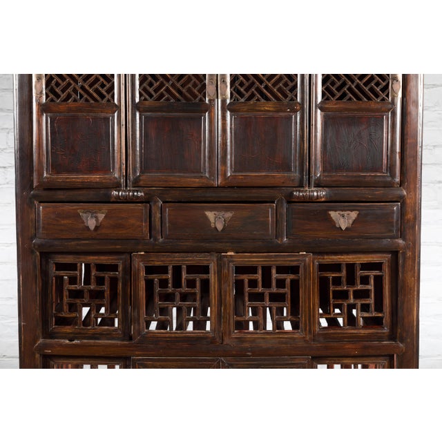 Chinese Qing 19th Century Brown Cabinet with Fretwork Doors and Three Drawers For Sale - Image 9 of 12