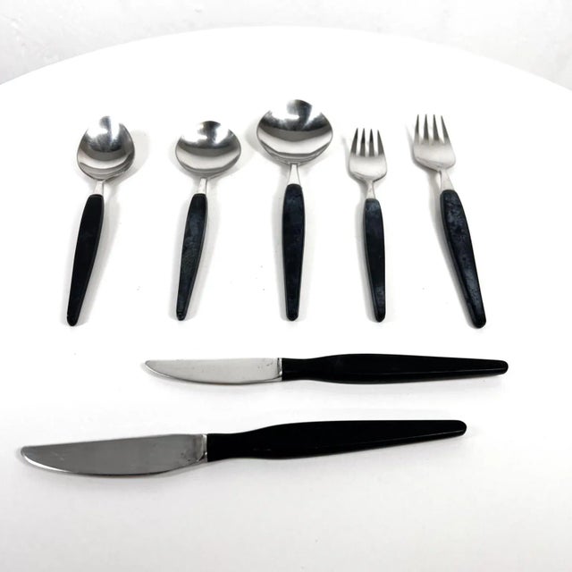 Mid-Century Modern 1960s Rostfri Gab Black and Stainless Flatware Set of 7 Made Sweden For Sale - Image 3 of 13