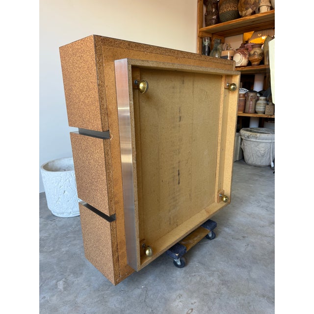 1980s Postmodern Laminated Tortoiseshell & Brushed Steel Plinth Base Coffee Table on Wheels For Sale - Image 12 of 12