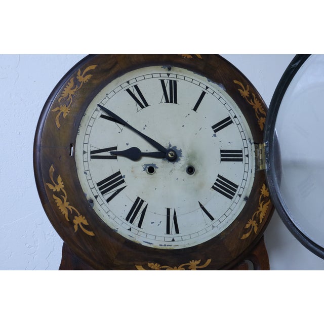 19th Century Marquetry Wall Clock With Wood Inlay & Original Key For Sale In Portland, OR - Image 6 of 11