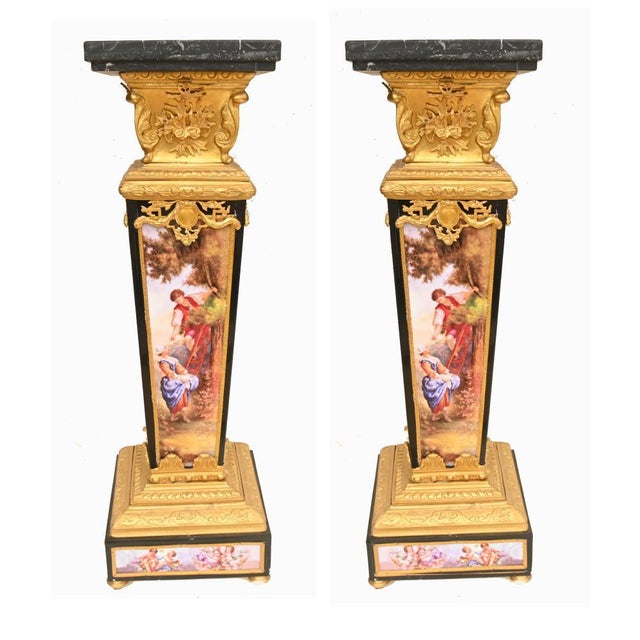 French Louis XVI Pedestals in Gilt Bronze and Porcelain, Set of 2 For Sale - Image 9 of 9