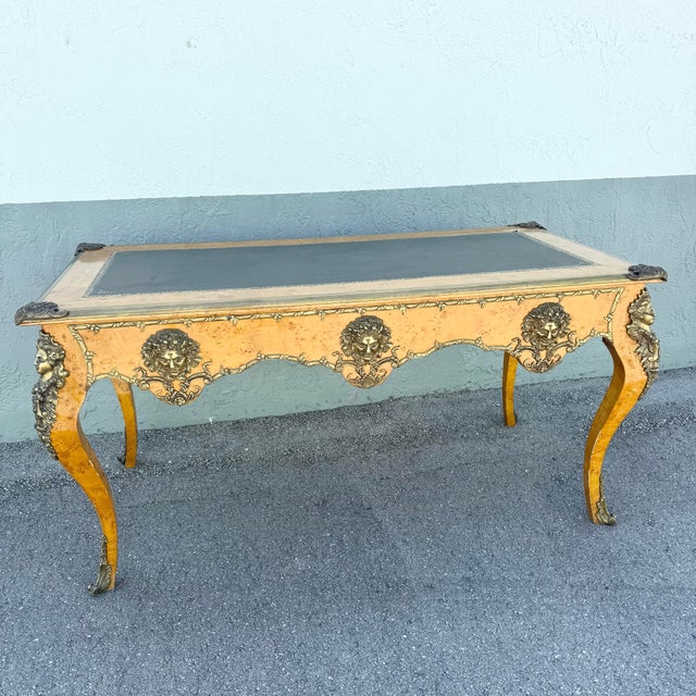 Vintage Louis the Xv Style Leather Top Burlwood and Brass Writing Desk For Sale - Image 12 of 12